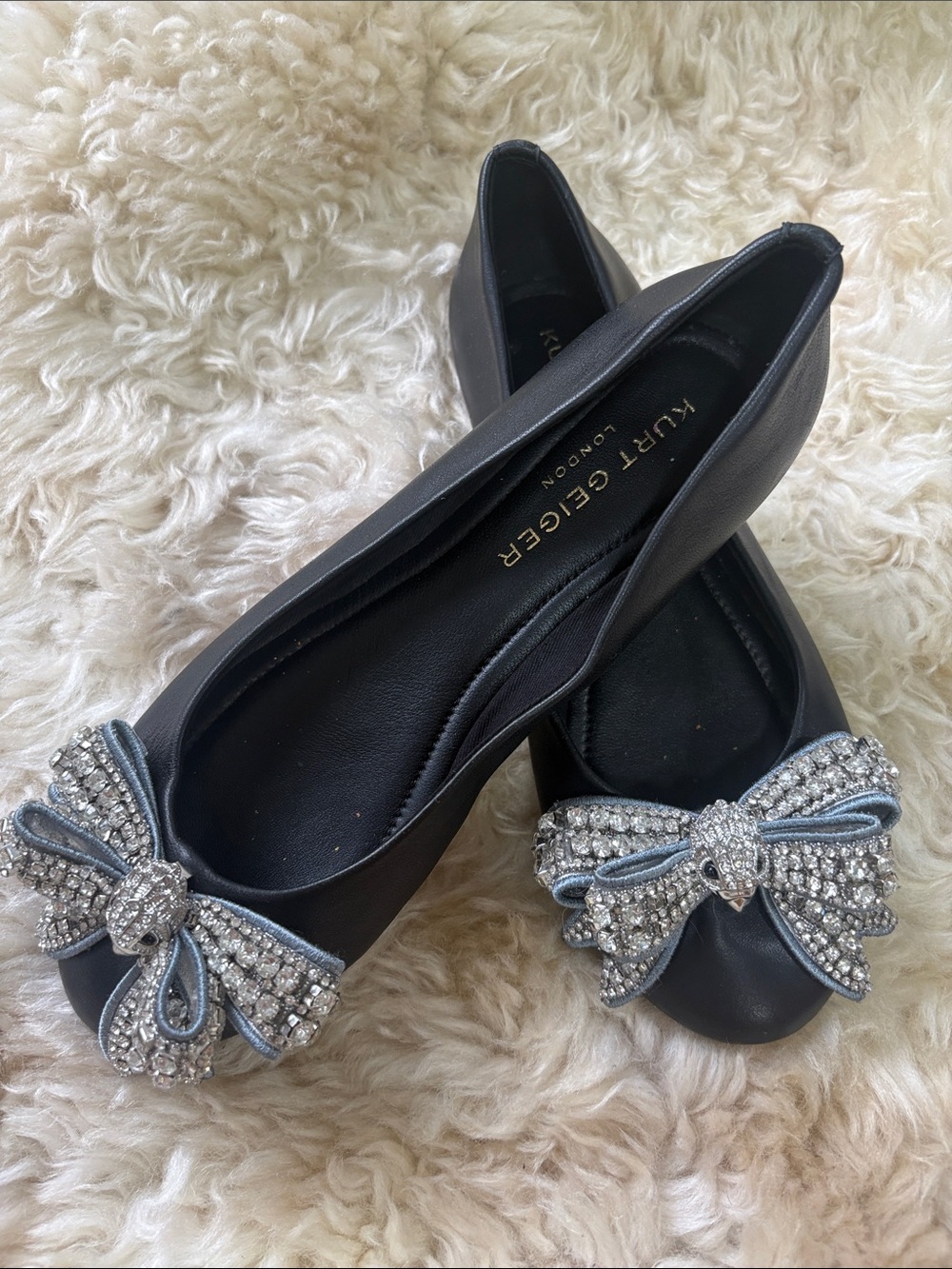 Kurt Geiger Black Leather Ballet Flats with Crystal Bow